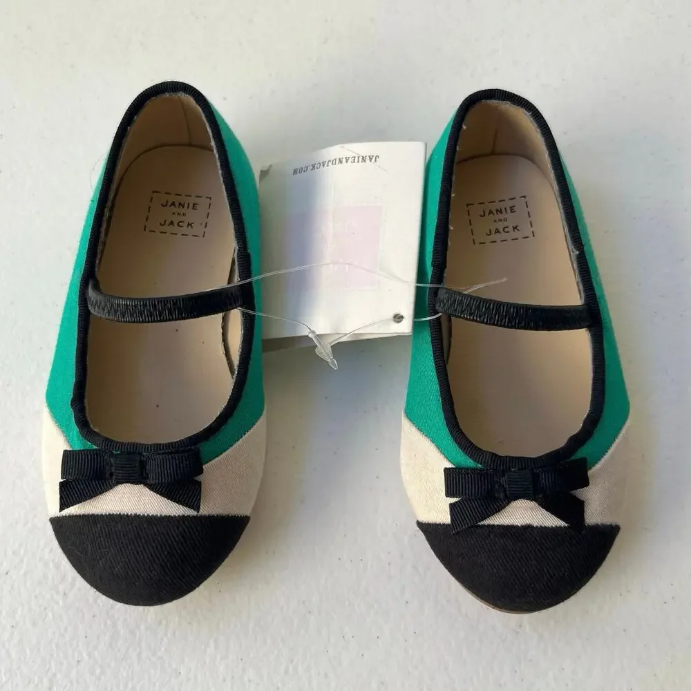 Janie and Jack Mary Jane Ballet Flats Little Girls Size 4 Green Black Bow NEW